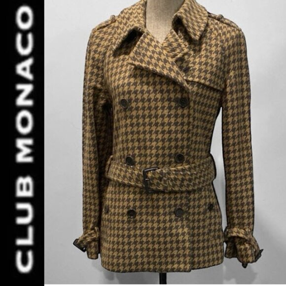 Club Monaco Brown Pea Wool Coat Houndstooth Size Medium - Picture 1 of 16